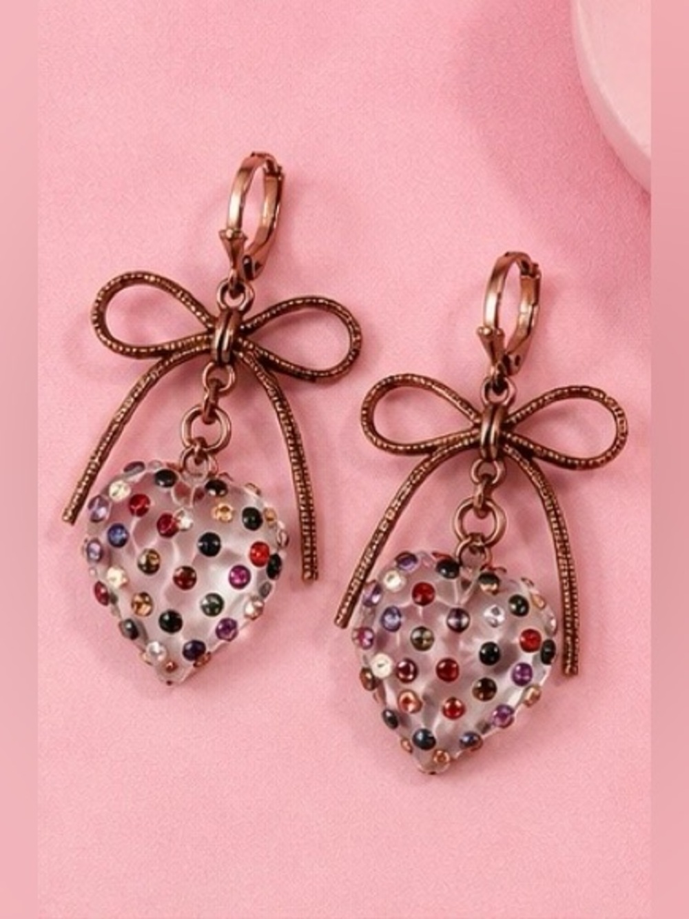 🩷Betsey Johnson Coquette Heart Earrings • Lucite Rhinestones & Rose Gold Bows🩷